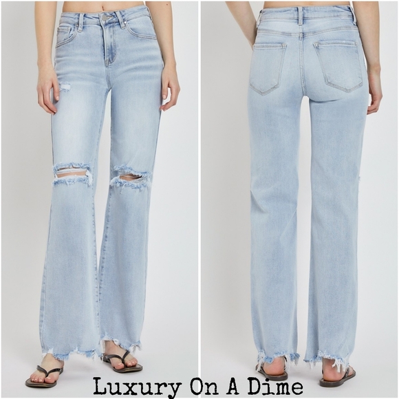 RISEN Distressed High-Rise Jeans Retro Straight Wide Leg Classic Denim Pants - Picture 14 of 16